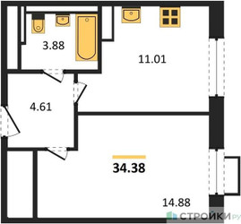 Планировка однокомнатной(квартира) площадью 34.38 квадратных метров в ЖК “ЖК Пятницкие луга”