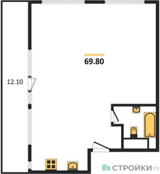 Планировка двухкомнатной(квартира) площадью 69.8 квадратных метров в ЖК “ЖК Nametkin Tower (Наметкин Тауэр)”