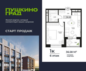 Планировка однокомнатной(квартира) площадью 36.58 квадратных метров в ЖК “ЖК Пушкино Град”