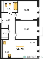 Планировка двухкомнатной(квартира) площадью 54.7 квадратных метров в ЖК “ЖК Квартал Строгино”