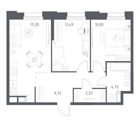 Планировка двухкомнатной(апартаменты) площадью 56.54 квадратных метров в ЖК “ЖК Апарт-отель Тропарево парк”