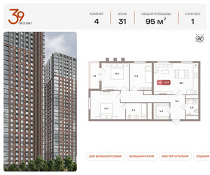 Планировка 4+ комнатной(квартира) площадью 95 квадратных метров в ЖК “ЖК Проспект 39”