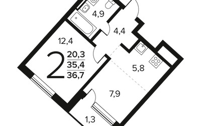 Планировка двухкомнатной(квартира) площадью 36.7 квадратных метров в ЖК “Новые Ватутинки. Заречный”