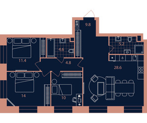 Планировка 4+ комнатной(квартира) площадью 88.4 квадратных метров в ЖК “Квартал Эра”