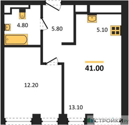 Планировка однокомнатной(квартира) площадью 41 квадратных метров в ЖК “ЖК INJOY (Инджой)”