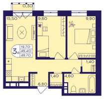 Планировка трехкомнатной(квартира) площадью 49.7 квадратных метров в “ЖК Героев”