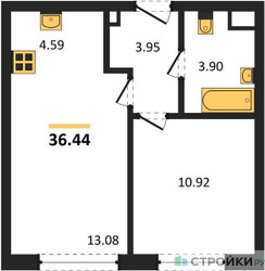 Планировка однокомнатной(квартира) площадью 36.44 квадратных метров в ЖК “ЖК Одинград. Квартал Семейный”