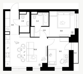 Планировка двухкомнатной(квартира) площадью 53.3 квадратных метров в ЖК “Нарвин”