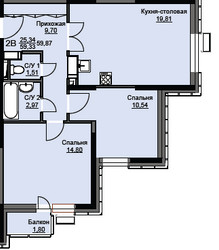 Планировка двухкомнатной(квартира) площадью 60.4 квадратных метров в ЖК “ЖК Соболевка”
