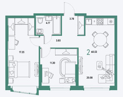 Планировка двухкомнатной(квартира) площадью 60.53 квадратных метров в “ЖК Страна.Парковая”