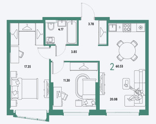 Планировка двухкомнатной(квартира) площадью 60.53 квадратных метров в ЖК “ЖК Страна.Парковая”
