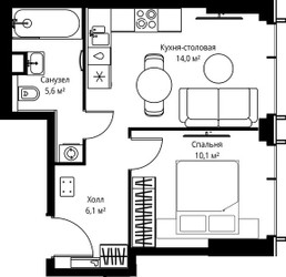 Планировка однокомнатной(квартира) площадью 35.8 квадратных метров в ЖК “ЖК Веер”