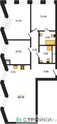 Планировка трехкомнатной(квартира) площадью 82.79 квадратных метров в ЖК “ЖК Insider (Инсайдер)”