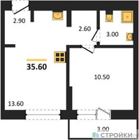 Планировка однокомнатной(квартира) площадью 35.6 квадратных метров в “ЖК Первый квартал”