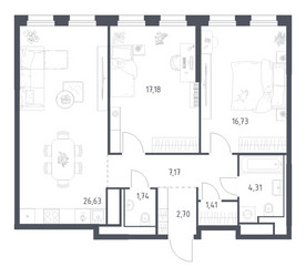 Планировка двухкомнатной(квартира) площадью 77.87 квадратных метров в ЖК “ЖК Квартал на воде (Графика на воде)”