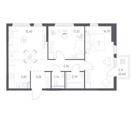 Планировка двухкомнатной(квартира) площадью 60.5 квадратных метров в ЖК “ЖК Пригород Лесное”