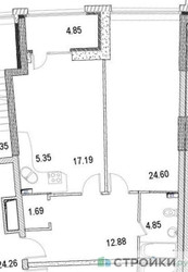 Планировка однокомнатной(апартаменты) площадью 73.88 квадратных метров в ЖК “ЖК Маршал”