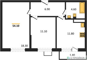 Планировка двухкомнатной(квартира) площадью 54.1 квадратных метров в “ЖК Южные сады”