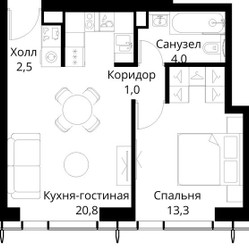 Планировка однокомнатной(квартира) площадью 41.6 квадратных метров в ЖК “ЖК Сити Бэй”