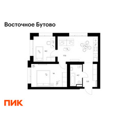 Планировка двухкомнатной(квартира) площадью 50.3 квадратных метров в ЖК “ЖК Восточное Бутово”