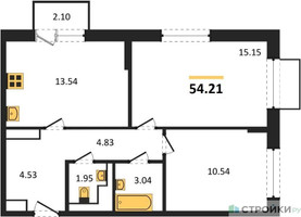 Планировка двухкомнатной(квартира) площадью 54.21 квадратных метров в “ЖК Томилино Парк”