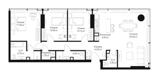 Планировка трехкомнатной(квартира) площадью 111.1 квадратных метров в “ЖК Слава”