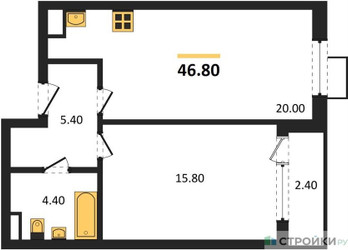 Планировка однокомнатной(квартира) площадью 46.8 квадратных метров в ЖК “ЖК Прокшино”