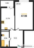 Планировка однокомнатной(квартира) площадью 47.98 квадратных метров в “ЖК Riga Hills (Рига Хиллс)”