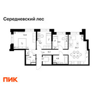 Планировка трехкомнатной(квартира) площадью 74.7 квадратных метров в “ЖК Середневский лес”