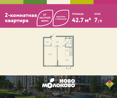 Планировка двухкомнатной(квартира) площадью 42.7 квадратных метров в “ЖК Ново-Молоково”