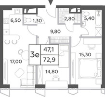 Планировка трехкомнатной(квартира) площадью 72.9 квадратных метров в “ЖК Will Towers (Вилл Тауэрс)”