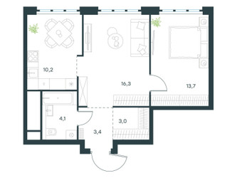 Планировка двухкомнатной(квартира) площадью 50.7 квадратных метров в ЖК “ЖК Level Южнопортовая”