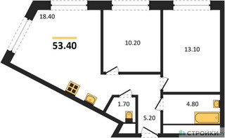 Планировка двухкомнатной(квартира) площадью 53.4 квадратных метров в “ЖК Обручева 30”