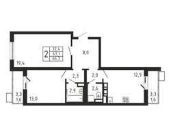 Планировка двухкомнатной(квартира) площадью 66.3 квадратных метров в “ЖК Пироговская Ривьера”
