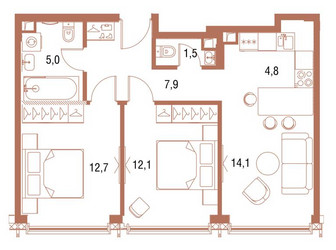 Планировка двухкомнатной(квартира) площадью 57.9 квадратных метров в ЖК “ЖК Symphony 34 (Симфония 34)”