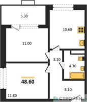Планировка двухкомнатной(квартира) площадью 48.6 квадратных метров в “ЖК Бунинские кварталы”