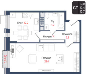 Планировка однокомнатной(квартира) площадью 43.4 квадратных метров в “ЖК КИНОКВАРТАЛ”
