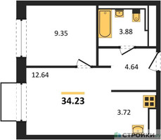 Планировка однокомнатной(квартира) площадью 34.23 квадратных метров в “ЖК Томилино Парк”