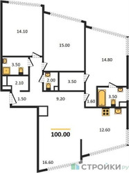 Планировка трехкомнатной(квартира) площадью 100 квадратных метров в ЖК “ЖК ROTTERDAM (Роттердам)”