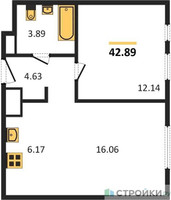 Планировка однокомнатной(квартира) площадью 42.89 квадратных метров в “ЖК Пятницкие луга”