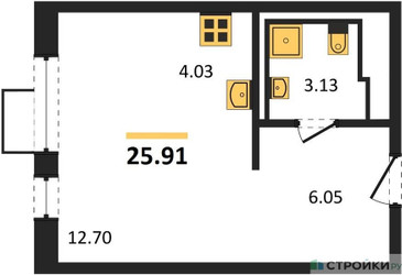 Планировка студии(квартира) площадью 25.91 квадратных метров в ЖК “ЖК Пригород Лесное”