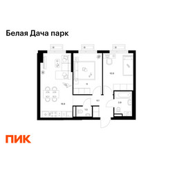 Планировка двухкомнатной(квартира) площадью 52.2 квадратных метров в ЖК “ЖК Белая Дача парк”