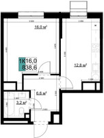 Планировка однокомнатной(квартира) площадью 38.6 квадратных метров в “ЖК Одинцово Сити”
