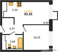 Планировка однокомнатной(квартира) площадью 33.35 квадратных метров в “ЖК Пригород Лесное”
