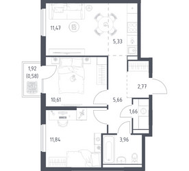 Планировка двухкомнатной(квартира) площадью 53.88 квадратных метров в ЖК “ЖК Горки Парк”