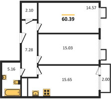 Планировка двухкомнатной(квартира) площадью 60.39 квадратных метров в “ЖК Катуар”