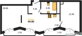 Планировка однокомнатной(квартира) площадью 49.8 квадратных метров в “ДД:ОО:ММ. Дом на Часовой”