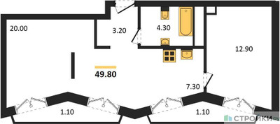 Планировка однокомнатной(квартира) площадью 49.8 квадратных метров в ЖК “ДД:ОО:ММ. Дом на Часовой”