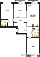 Планировка трехкомнатной(квартира) площадью 85.8 квадратных метров в “ЖК Первый квартал”