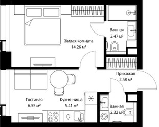 Планировка однокомнатной(квартира) площадью 34.59 квадратных метров в ЖК “ЖК Веер”
